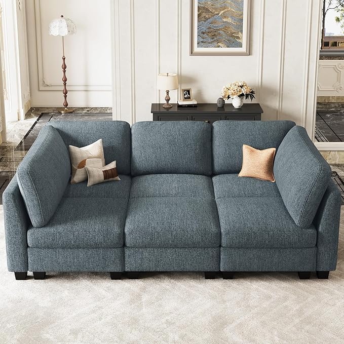 Belffin 86.2 Sectional Sleeper Sofa Bed with Deep Seat Cloud Modular Sectional Couches for Living Room. Blue Grey Sofa