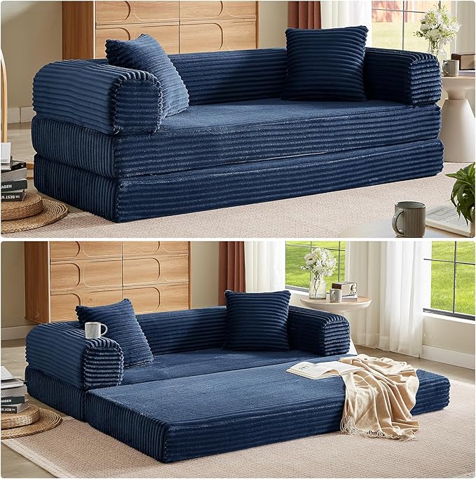 Folding Convertible Sleeper Sofa Bed Corduroy Upholstered Boneless Couch with Pillows Modular Floor Sofa Compression Couch for Living Room No Assembly Required (Blue)