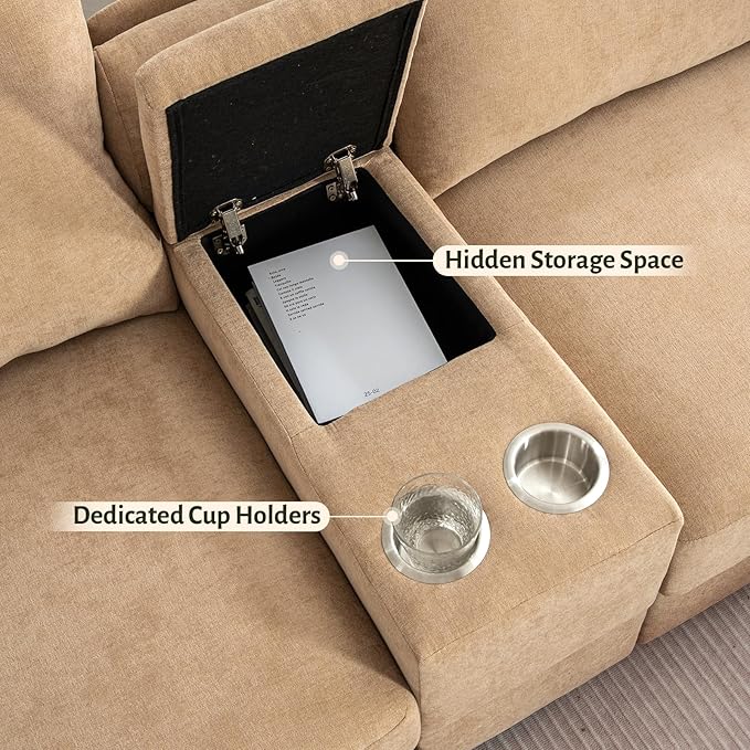 136.4 Modular Sectional Sofa U-Shaped 7 Seater Sectional Sofa with Storage Ottoman Linen L-Shaped Couch Large Cloud Couch with Cup Holders &amp USB for Living Room（Camel