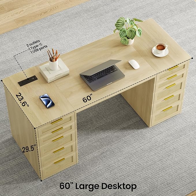 WOPITUES 60 Boho Home Office Desk with 10 Wooden Drawers Rattan Computer Writing Desk with Power Outlets Large Executive Desk with Storage Cabinet for Work Study Writing Craft Natural Brown