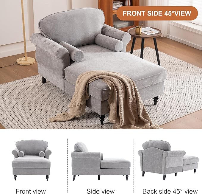 59.3 D Chaise Lounge Chair IndoorModern Chenille Upholstered Recliner Sofa with 2 Rolled PillowsComfy Sleeper Chair Bed for Living Room Bedroom Office(Light Grey 1 Seat)