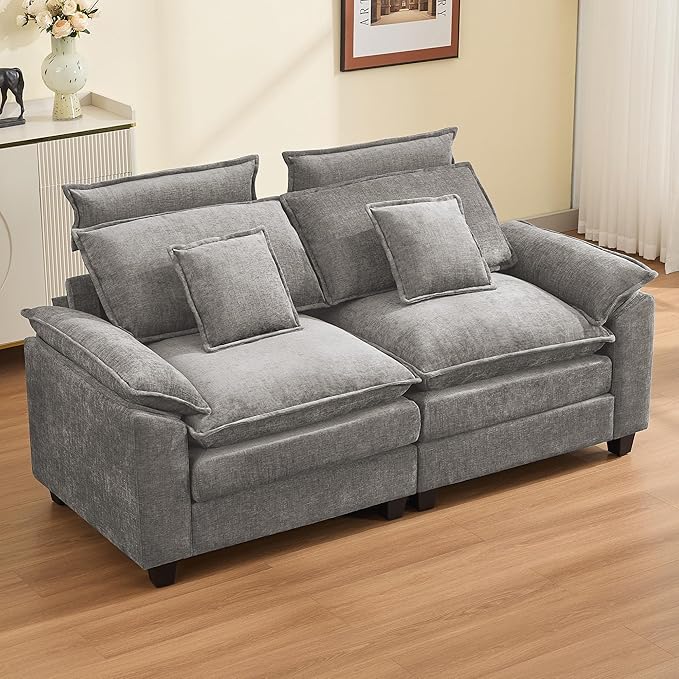 72'' Cloud Modern Loveseat Couch with Detachable Headrest Modular Sectional Sofa Couch Deep Love Seat Oversized 2 Seater Chenille Comfy Sofa with Armrests for Living Room Light Grey