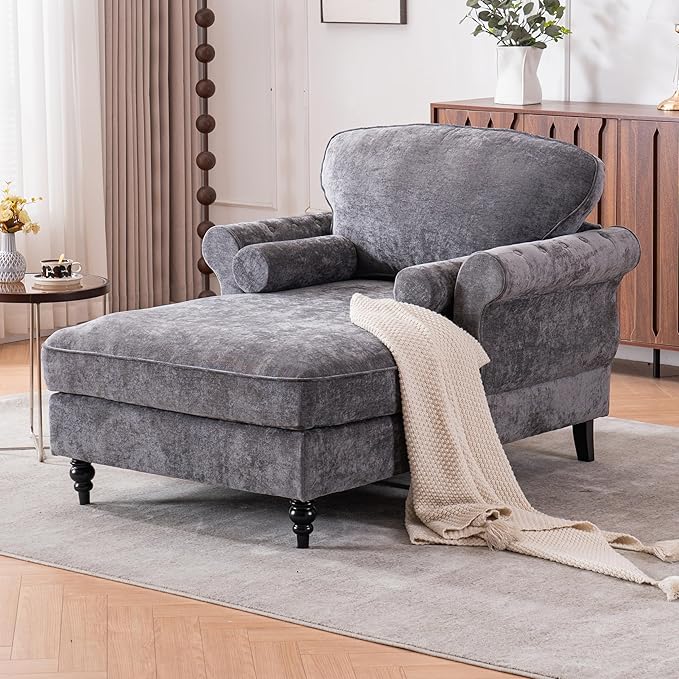 Setawix Chenille Upholstered Chaise Lounger Sleeper Sofa ChairOversized Chaise Lounge Chair Indoor with Rolled ArmsMid Century Modern Lounger Couch for Living Room Bedroom (Dark Grey 43.3 W)