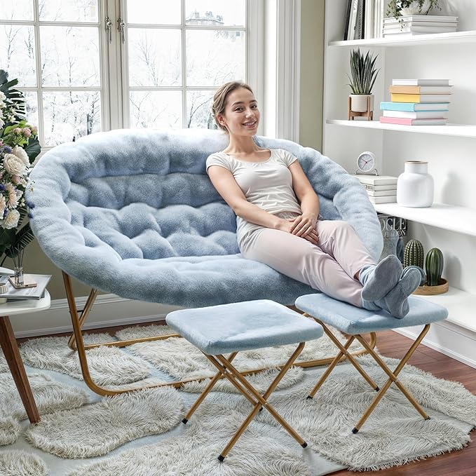 Flash Furniture Eleanor Portable Double Saucer Chair with 2 Ottomans Folding Steel Frames for Dorm or Bedroom 56 Dusty Aqua Faux Fur/Soft Gold Frame