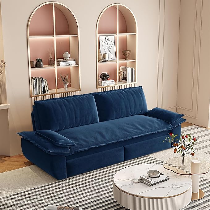 73.2 Queen Size Pull Out Sofa Bed 3-in-1 Convertible Sleeper Velvet Loveseat for Living Room Apartment Bedroom Small Spaces Blue (Mattress &amp Bedding Not Included)
