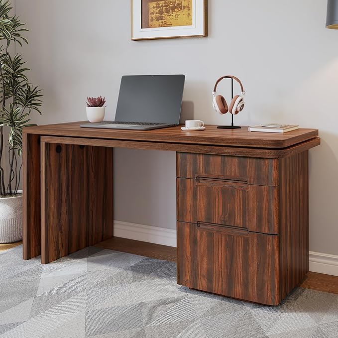 Merax Home Office Desk L Shaped with 3 DrawersWooden Rotating 90 Large DeskExecutive Office WorkstationCorner Work Table for Study WritingWalnut