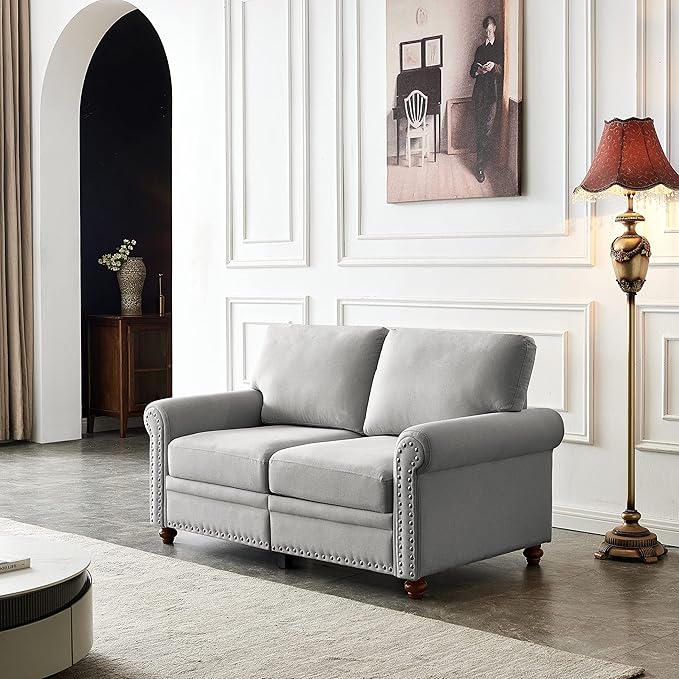 59.5 Loveseat Couch Sofa with Storage for Living Room Small Fabric Chesterfield Style Nailhead Trim Rolled Arms for Small Spaces Apartment Dorm Love Seat Grey