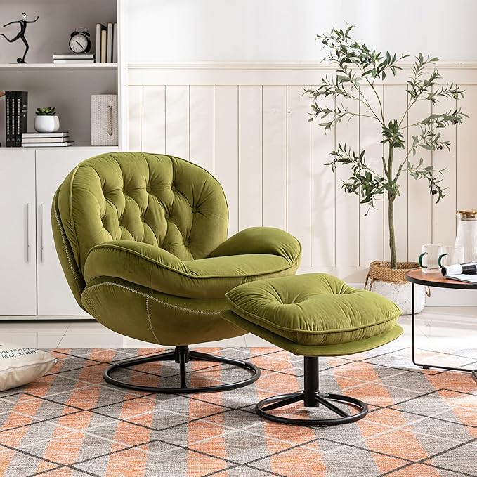 Accent Chair TV Chair Living Room Chair with Ottoman Modern Velvet Lounge Chair with Comfy Armchair with Metal Legs Swivel Leisure Chair for ClubHome OfficeMetal Base Frame (Green)