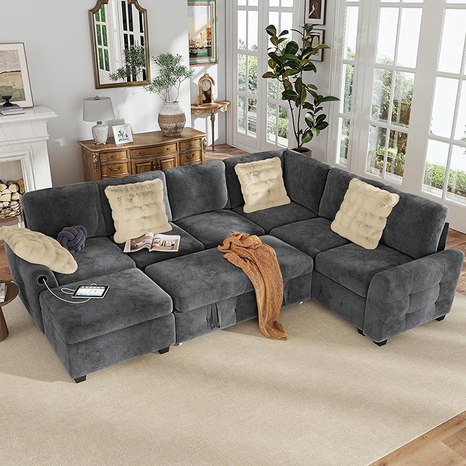 Hanherry Sectional Couch with Pull Out Sofa BedChenille Sleeper Sofa with Storage Ottoman &amp USB ChargingComfy L Shaped Modular Couches for Living RoomApartment