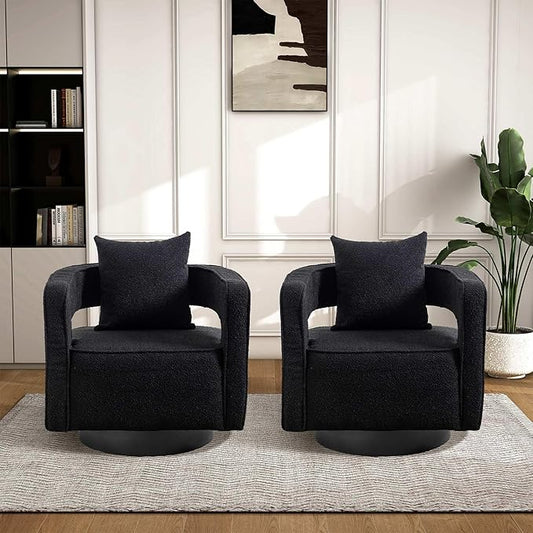 Aoiy &amp Wifon 28.95 W Swivel Accent Chairs for Living Room 360 Degree Swivel Barrel Chair Living Room Accent Chair Boucle Black 2PACK