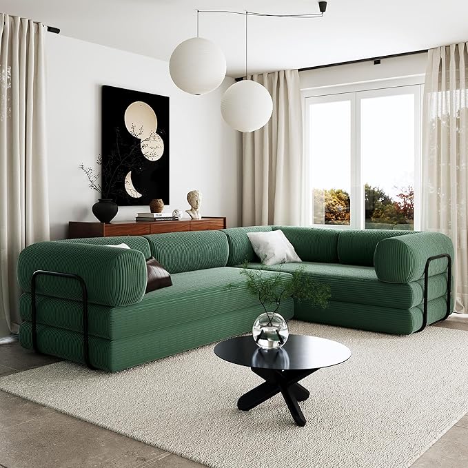 116''W Modular Sofa Bed in Corduroy Fabric L Shaped Sectional Couches Modern Upholstered Couches with Iron Frame Support 4 Independent Mattresses 3 Wedge Cushions and 1 Flat Cushion (Green/22)