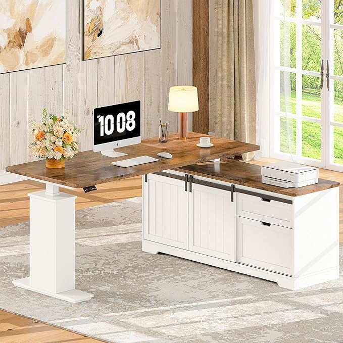 Whalefall L Shaped Standing Desk with Drawers Height Adjustable Farmhouse Executive Computer Desk Corner Desk with Cable Management and File Storage for Home Office White