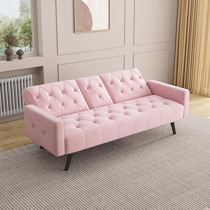 KEIKI 72 Velvet Loveseat Sofa Bed with Nailhead Accents &amp Tufted Backrest 3-in-1 Convertible Sleeper with Cup Holders for Small Spaces Pink