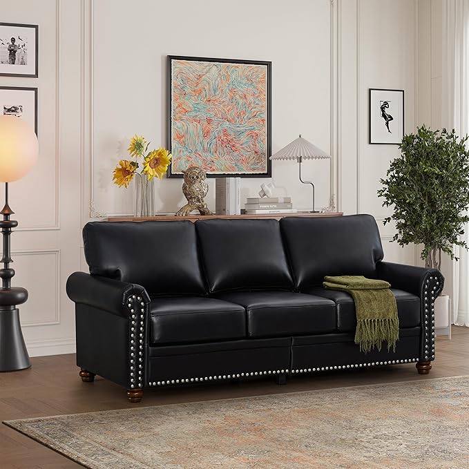 Faux Leather Sofa Set of 2: Love Seat +3 Seat Couch Underseat Storage Classic Sofa Elegance Rolled Armrests Nailhead Trim Wood Legs Classic Living Room Accent 2+3 Seat-Black
