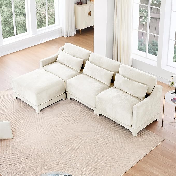 Modular Sectional Sofa Set Optional 2-4 Seater with Lumbar Pillows &amp 0-2 Ottomans Chenille Fabric Ergonomic Easy Assembly for Living Room/Bedroom/Reading Nook (3 Seat + 1 OttomanBeige)