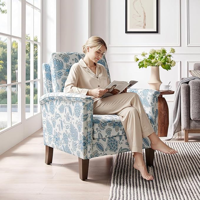 Accent Chair Set of 2 Modern Floral High Back Upholstered Armchair with Solid Legs for Living Room Spring-Padded Cushion and Removable Back Cushion Bedroom Reading Single Sofa Chair Blue