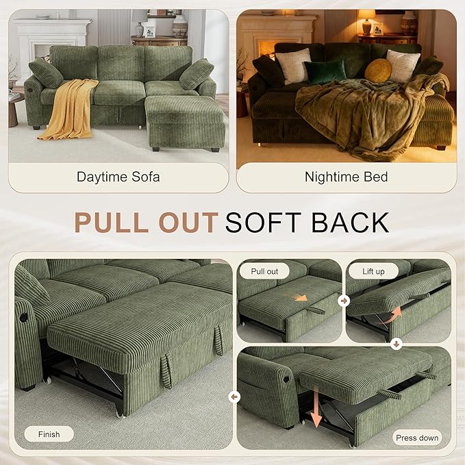 Hanherry 81 Sectional Couch with Pull Out Sofa BedCorduroy Sleeper Sofa with Storage Ottoman &amp USB ChargingComfy L Shaped Modular Couches for Living RoomApartment | USB charging port side poc