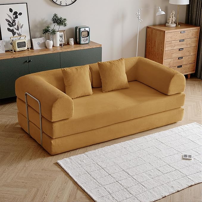 87'' Convertible Compressed Corduroy Folding Cloud Sofa Bed Modern Modular Boneless Pull Out 3 Seater Sleeper in a Box 5 in 1 Foldable Floor Mattress Couch No Assembly Need Yellow Pillows King