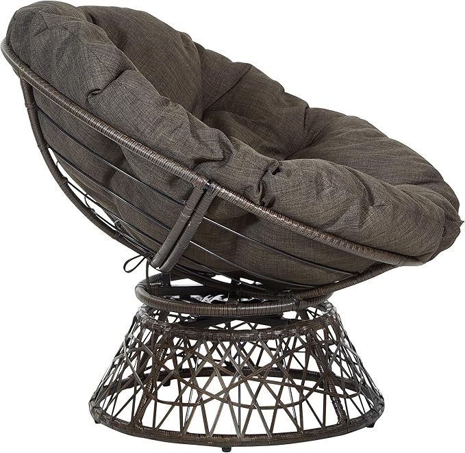 OSP Home Furnishings Wicker Papasan Chair with 360-Degree Swivel Brown Frame with Brown Cushion