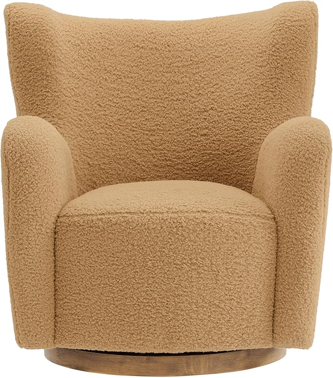 Modway Montrose Swivel Wingback Accent Chair in Camel Walnut Sherpa Teddy Fabric – Modern Furry Barrel Chair with 360-Degree Swivel Base – Soft and Comfy Living Room Chair