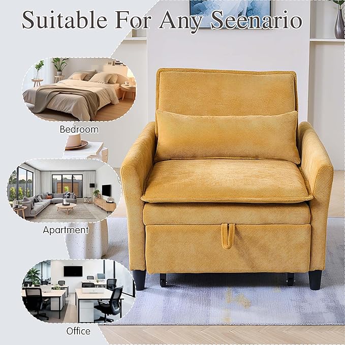 Sleeper Chair Pull Out BedChenille 3 in 1 Convertible Sleeper Couches Single Sofa Chair with Adjustable Backrest for Living Room Bedroom Small Spaces (Mustard Yellow)