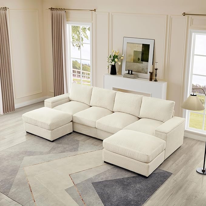 122 Oversized Modular Sectional Sofa Cloud Couch with 2 Ottomans Comfy Corduroy Upholstered Deep Seat Large U Shaped Lounge Sofa&ampCouches with Hidden Arm Storage Box