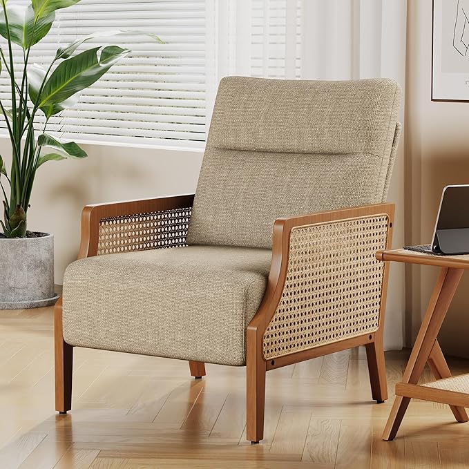 Aklaus Mid Century Accent Chair Set of 2 with Rattan Armrest Upholstered Living Room Chairs Lounge Fabric Reading Chairs Side Sitting Farmhouse Chair for Living Room Bedroom Balcony Grayish Brown