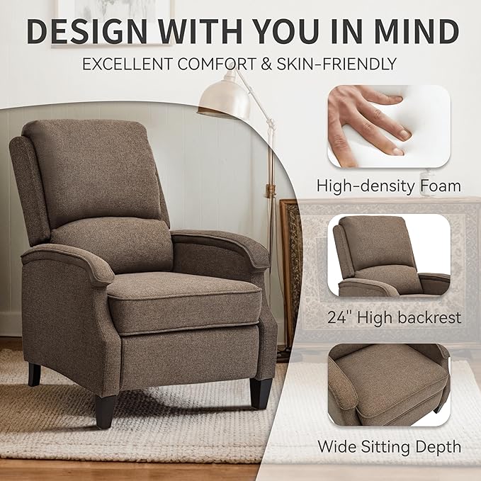 VKNOW Recliner Chair Fabric Recliner with Soft Armrest Home Theater Seating with Adjustable Push Back and Lumbar Support Single Sofa for Adults Lounge Chair for Living Room Bedroom（Brown）