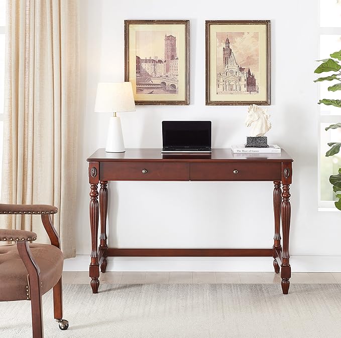 Large Computer Desk Office Table with 2 Drawers 46 Solid Wood Study Writing Desk Workstation with Storage Space Mid-Century Vanity Dressing Table for Home OfficeCherry Walnut BSZ1533WD