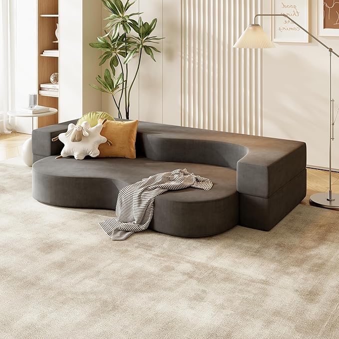 79 Floor Foam Sofa Bed Couch 3-in-1 Folding Sofa Bed with Heart Design Velvet Cover Futon Sofa Sleeper Ideal for Guest Dorm Living Room Bedroom Office Small Spaces(Grey)