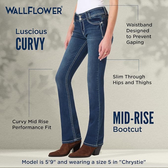 WallFlower Luscious Curvy Bootcut Jeans for Women Mid-Rise Insta Stretch Denim Size-Inclusive Juniors Jeans