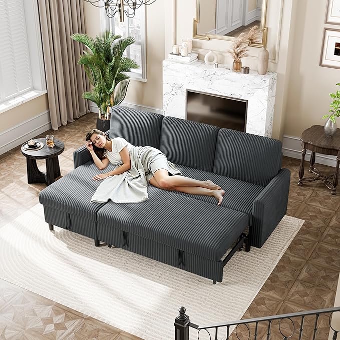 Sofa Bed Couch Sectiona Sofa 4-in-1 Multifunctional Pull-Out Couch Sleeper Sofa Couch with Storage Chaise Pullout Sectional Couches for Living Room/Office/ApartmentDark Gray
