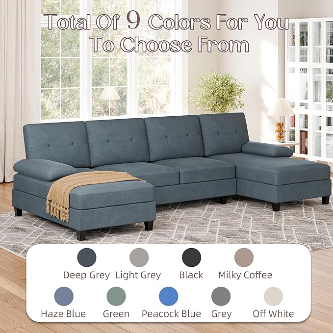 Shintenchi 106'' U-Shaped Sectional Couches for Living Room 4 Seat Modular Sectional Sofa with Double Chaise Couch for ApartmentBlack/Blue