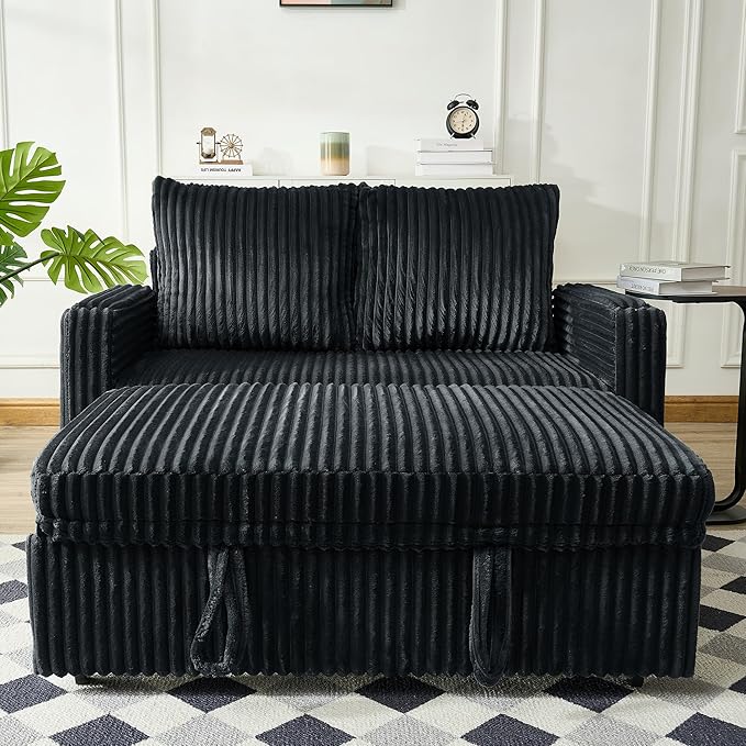 Hommoo Sleeper Sofa Couch with Pull Out Bed Convertible 3 in 1 Futon Lounge Sofa Small Love Seat for Living Room Apartment Comfy Corduroy Reclining Back with Cup Holder and USB Ports 53 Black