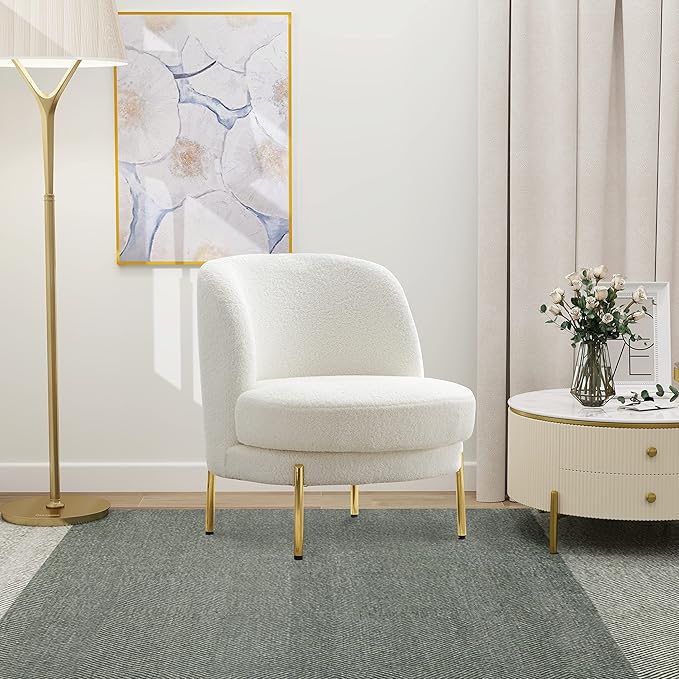 28.4 W Accent Chair Upholstered Curved Backrest Reading Chair Single Sofa Leisure Club Chair with Golden Adjustable Legs for Living Room Bedroom Dorm RoomIvory Boucle