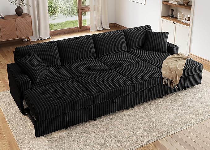 HONBAY 121.3 Inch Modular Sectional Sleeper Sofa with Pull Out Bed Convertible L &amp U Shaped Couch with Storage &amp Adjustable Backrest Velvet Black