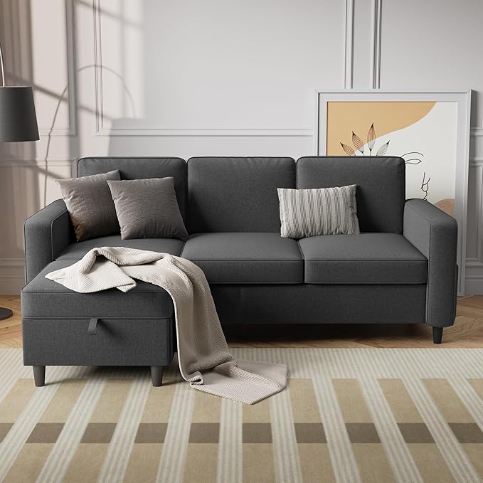 Sectional Sofa and Couches for Living Room - 78'' Dark Grey 3 Seat L-Shaped Couch with Storage Ottoman Modern Linen Convertible Sectionals Sofas with Chaise for Apartment Office Small Space