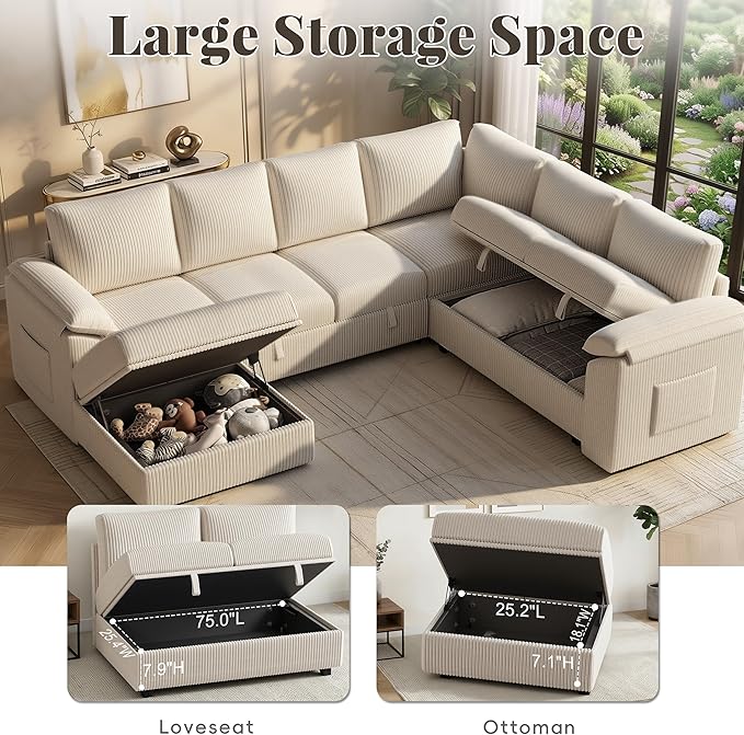 108 Inch Sectional Sleeper Sofa Bed with Pull Out Couch U Shaped 7 Seat Cloud Modular Sectional Sofa with Storage Corduroy Sectional Couches for Living Room Removable Sofa Cover Beige