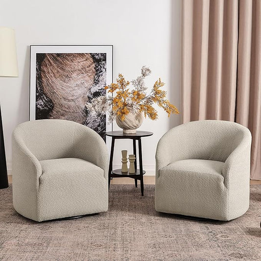 KINWELL 32 Wide Modern Boucle Swivel Barrel Chairs Set of 2 No Assembly Round Upholstered Swivel Accent Armchairs for Living Room Bedroom (Oatmeal)