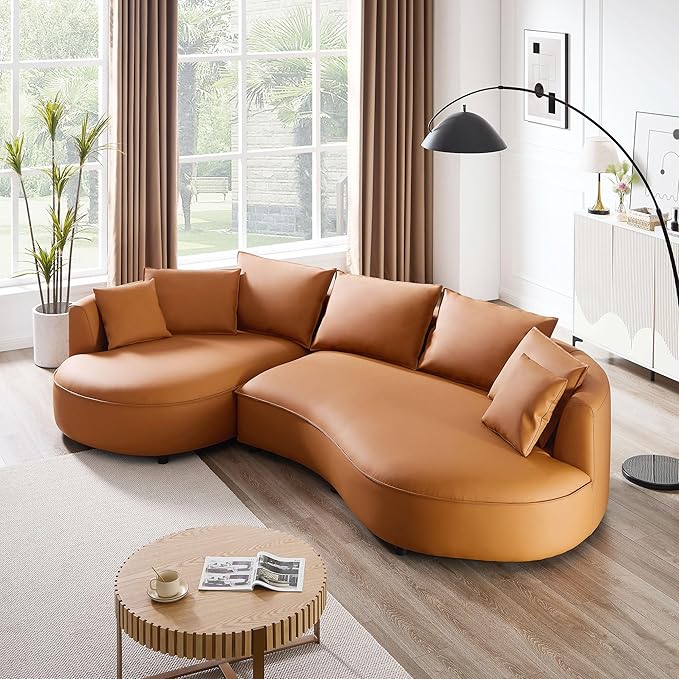 124.8 Round Bonded Curved Couch Leather Sectional Sofa for Living Room Apartment Office Orange Modern 5 Seater Oversized Cloud Sofa with Chaise Lounge Comfy Furniture Left Facing