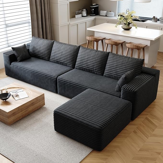 139.4 L Shaped Cloud Sectional Sofa for Living Room Plush Corduroy Cover Fluffy Memory Foam Cushions No Assembly Required Modular Chaise Lounge Oversized Comfortable Couches Set Black