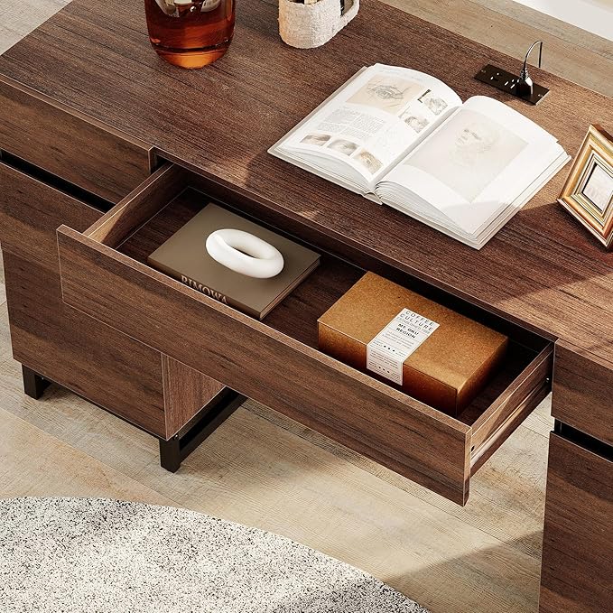 WAMPAT 59 Modern Executive Desk with Drawers Home Office Computer Desk with Charging Station File Drawer Storage Cabinet Wood Writing Desk for Work and Study Dark Brown