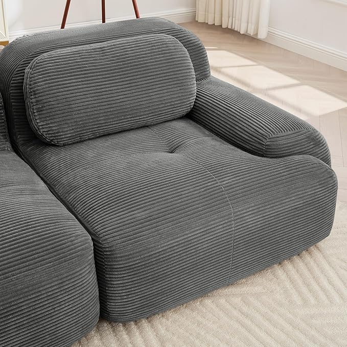 SoarFlash 81” Sectional Cloud Boneless Sofa Couches for Living Room-2 Seater L-Shaped Modern Lounge Couch-No Assembly Modular Corduroy Convertible Sponge Sleeper Sofas with Chaise for Home HouseGrey
