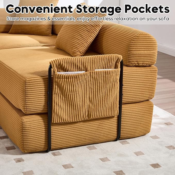 Oversized Modular Cloud Couch for Living Room Corduroy L-Shaped Sectional Sleeper Sofa Bed with Fixed-Shape Frame Modern Boneless Couch with Pillows &amp Storage Yellow
