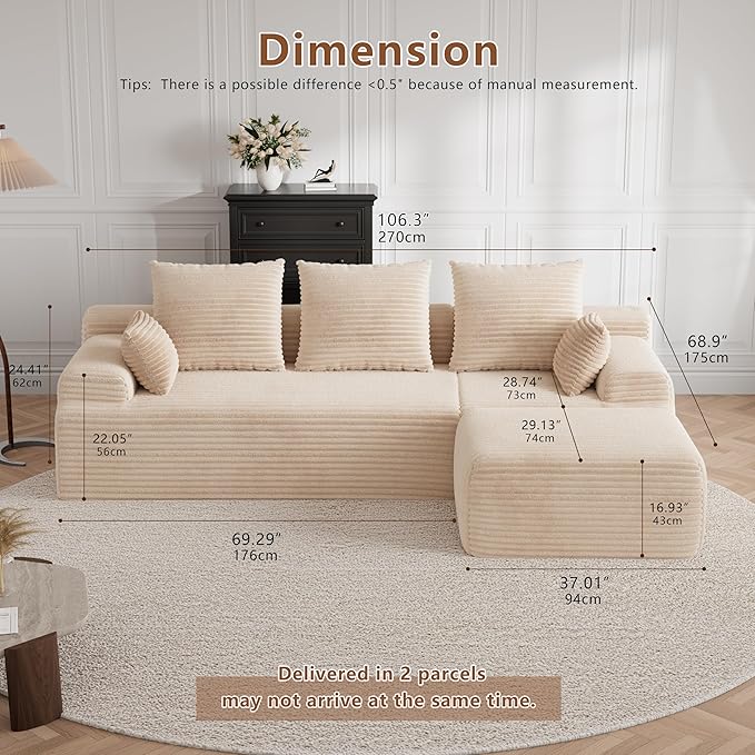 Boneless Couch Cloud Couch Sectional 106 L-Shape Modular Sectional Sofa with Ottoman Corduroy Sofa for Living Room Bedroom No Assembly Required Beige