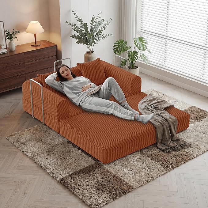 HouseMila 53.15 Convertible Sofa Bed4-in-1 Futon Sofa Bed Modular Loveseat Sleeper Folding Pull Out Couch with Pillows No Assembly Required Boneless Couch for Living Room Bedroom Guest RoomOrange