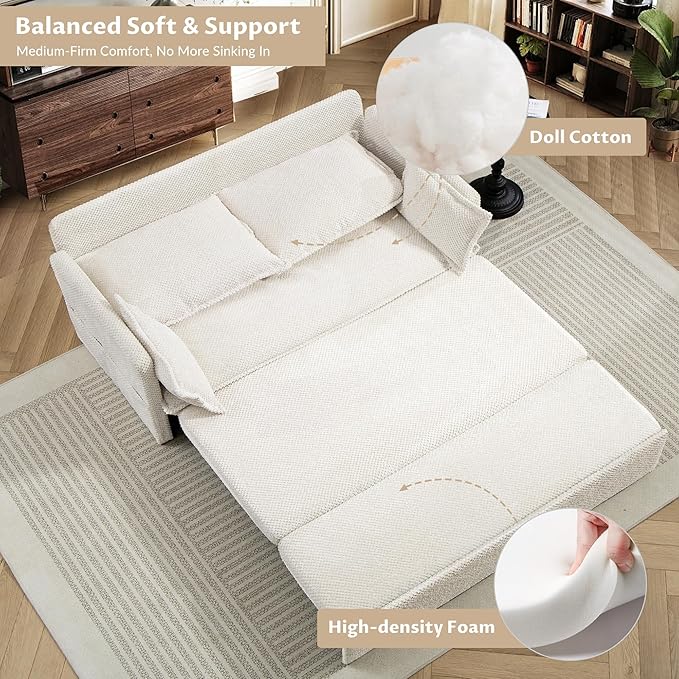 SUNWAVE 60 Pull Out Sofa Bed - Convertible Sleeper Sofa Bed Corduroy Pull Out Couch Bed with USB Charging Side Pockets for Living Room Bedroom Small Spaces (Cream 60)