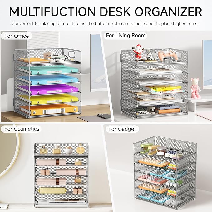 6 Tray Paper Organizer Letter Tray with Handle - Mesh Desk File Folder Holder Paper Sorter for Office Home or School - Silver