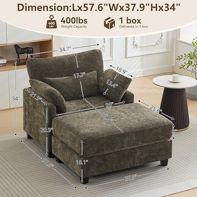 57.5 Oversized Chaise Lounge with Ottoman Indoor Brown Reading Chair with Ottoman &amp Sofa Bed Chenille Upholstered Comfy Sleeper Chair for Living Room Bedroom Office