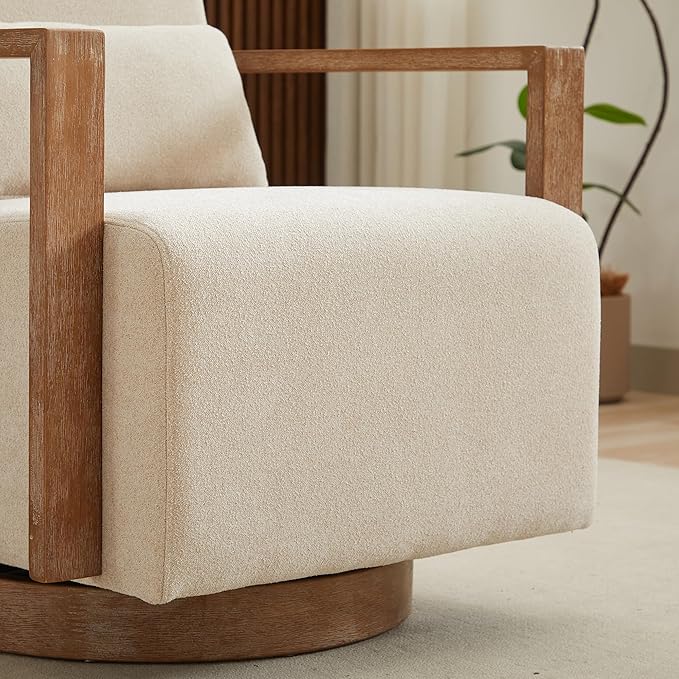 30.3 W Swivel Accent Chair with Solid Wood Armrests Modern Upholstered Armchair with Rubberwood Base 360 Degree Comfy Lounge Reading Chair for Living Room Bedroom or Office (Beige)